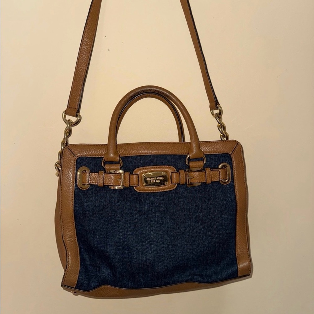 Brown Leather-Trim Denim Satchel Bag